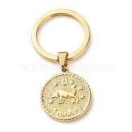 304 Stainless Steel Pendants Keychain, with 304 Stainless Steel Split Key Rings, Flat Round with Twelve Constellations, Taurus, 6.2cm(KEYC-JKC00314-11)