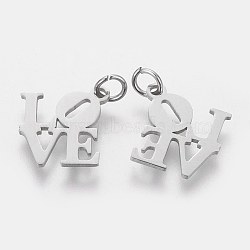 Tarnish Resistant 304 Stainless Steel Pendants, Word Love, Stainless Steel Color, 16x16x1mm, Hole: 3mm(STAS-Q201-T460S)