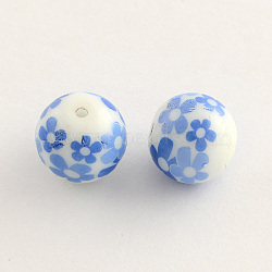 Flower Picture Glass Beads, Round, Cornflower Blue, 14x13mm, Hole: 1.5mm(GFB-R001-14mm-02)