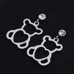 201 Stainless Steel Dangle Stud Earrings, with Clear Cubic Zirconia, Bear, Stainless Steel Color, 25mm, Pin: 0.8mm(EJEW-T008-JN753)