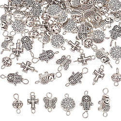 90Pcs 6 Styles Tibetan Style Alloy Connector Charms, with Iron Loops, Butterfly & Hamsa Hand & Cross & Round & Elephant & Oval with Flower, Antique Silver, 14~28x8~10.5x3~8mm, Hole: 1.4~2mm, 15pcs/style(FIND-AR0003-28)