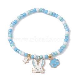 Glass Seed Beaded Stretch Bracelet, with Alloy Enamel Charms, Light Sky Blue, Inner Diameter: 2-1/4 inch(5.6cm)(BJEW-JB10022-02)