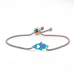Adjustable 201 Stainless Steel Slider Bracelets, Bolo Bracelets, with Box Chains, Hamsa Hand/Hand of Fatima/Hand of Miriam with Heart, Rainbow Color, 9-5/8 inch(24.5cm)(STAS-S105-JN654)