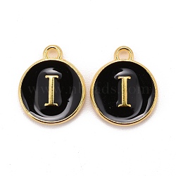 Golden Plated Alloy Charms, Cadmium Free & Lead Free, with Enamel, Enamelled Sequins, Flat Round with Letter, Black, Letter.I, 14x12x2mm, Hole: 1.5mm(X-ENAM-S118-02I)