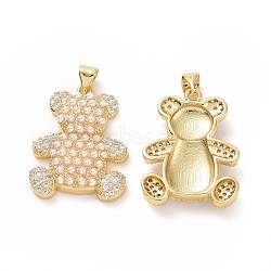 Brass Micro Pave Clear Cubic Zirconia Pendants, with Imitation Pearls, Bear Charms, Golden, 26x19.5x5mm, Hole: 3x4mm(ZIRC-F134-05G)
