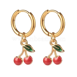 Alloy Enamel Cherry Dangle Hoop Earrings, 304 Stainless Steel Jewelry for Women, Colorful, 28mm, Pin: 1mm(EJEW-JE04833)