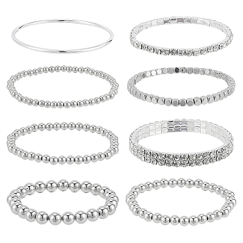 8Pcs 8 Styles Crystal Rhinestone Tennis Bracelet, CCB Plastic Beaded Strech Bracelets, Brass Thin Plain Bangles for Women, Platinum, Inner Diameter: 1-7/8~2-3/8 inch(4.8~5.95cm), 1Pc/style