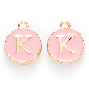 Golden Plated Alloy Enamel Charms, Cadmium Free & Lead Free, Enamelled Sequins, Flat Round with Letter, Pink, Letter.K, 14x12x2mm, Hole: 1.5mm