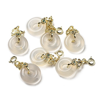 Natural White Agate Donut Pendant Decorations, Brass Ornaments with Spring Ring Clasps, Real 14K Gold Plated, 32mm, Hole: 3mm