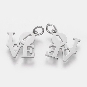 304 Stainless Steel Pendants, Word Love, Stainless Steel Color, 16x16x1mm, Hole: 3mm