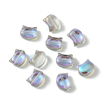 Electroplate Glass Beads, Full Rainbow Plated, Cat Shape, Lilac, 8x10x5mm, Hole: 1.2mm