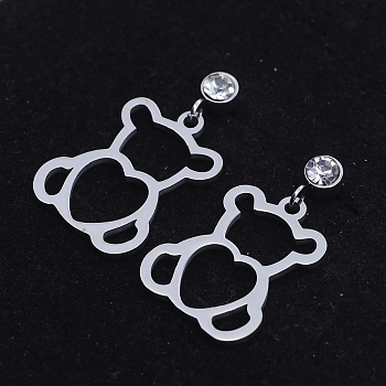 201 Stainless Steel Dangle Stud Earrings, with Clear Cubic Zirconia, Bear, Stainless Steel Color, 25mm, Pin: 0.8mm