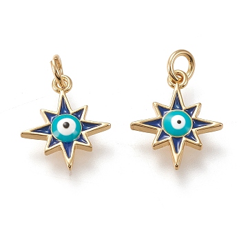 10Pcs Brass Charms, with Enamel and Jump Rings, Long-Lasting Plated, Star with Evil Eye, Blue, Golden, 13.5x11.5x2.3mm, Hole: 2.8mm