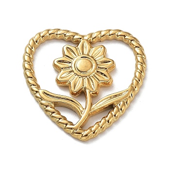 Ion Plating(IP) 304 Stainless Steel Cabochons, Heart with Flower, Real 18K Gold Plated, 21x21x2mm