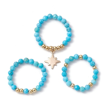 3Pcs 3 Styles Natural Magnesite Beaded Stretch Rings Set, Stackable Rings with Brass Star Charms, Inner Diameter: 21~22mm, 1Pc/style