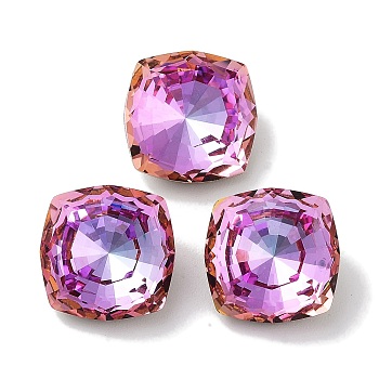 Glass Rhinestone Cabochons, Point Back & Back Plated, Faceted, Square, Fuchsia, 12x12x6.5mm