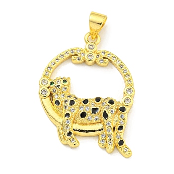 Brass Micro Pave Cubic Zirconia Pendants, Enamel Leopard with Ring Charms, Real 18K Gold Plated, 28.5x20.5x4mm, Hole: 4x3mm