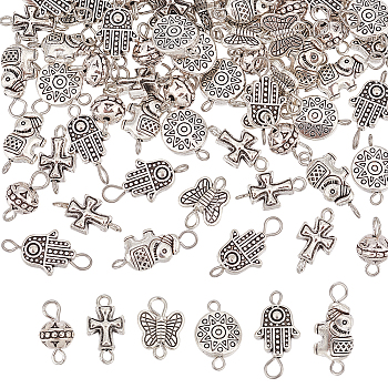 90Pcs 6 Styles Tibetan Style Alloy Connector Charms, with Iron Loops, Butterfly & Hamsa Hand & Cross & Round & Elephant & Oval with Flower, Antique Silver, 14~28x8~10.5x3~8mm, Hole: 1.4~2mm, 15pcs/style