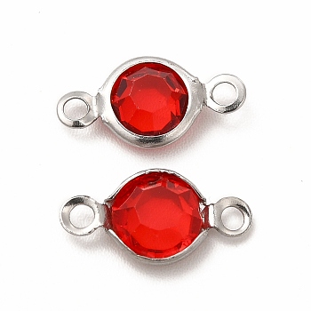 304 Stainless Steel with Glass Connector Charms, Flat Round Links, Stainless Steel Color, Red, 12.5x7x2mm, Hole: 1.5mm