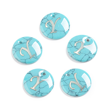Synthetic Turquoise Charms, with Plastic Letter, Flat Round, Letter.Y, 15x2mm, Hole: 1.5mm