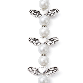 Angel Fairy Shape Glass Pearl Beads Strands, with Tibetan Style Alloy Wing Beads and Nylon Wire, WhiteSmoke, 23x23.5x8mm, Hole: 0.8mm, about 4pcs/strand, 3.46 inch(8.8cm)