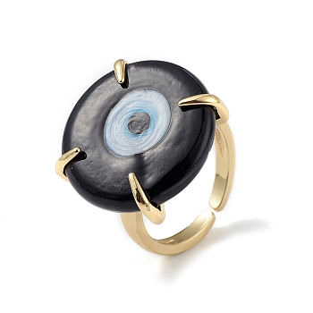 Lampwork Evil Eye Open Cuff Ring, Golden Brass Lucky Jewelry for Women, Lead Free & Cadmium Free, Black, Inner Diameter: 16mm