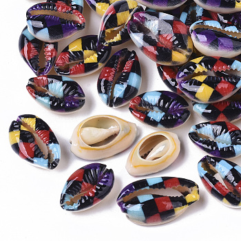 Printed Natural Cowrie Shell Beads, Plaid Beads, No Hole/Undrilled, with Tartan Pattern, Red, 18~21x12~15x7mm