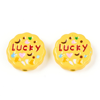 Spray Painted Alloy Beads, with Enamel, Flat Round with Word Lucky, Gold, 15x4.5mm, Hole: 1.4~1.6mm