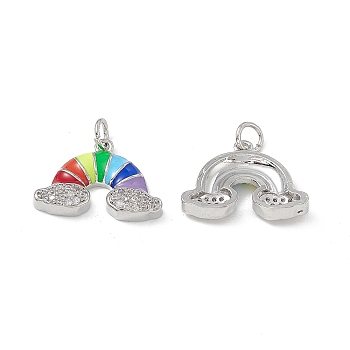 Brass Micro Pave Cubic Zirconia Charms, with Enamel, with Jump Ring, Rainbow with Cloud Charm, Platinum, 14x20x3.5mm, Hole: 3.4mm
