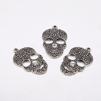 Day of the Dead Ornaments Tibetan Style Sugar Skull Pendants,  Cadmium Free & Nickel Free & Lead Free, for Halloween, Antique Silver, 49x31x5mm