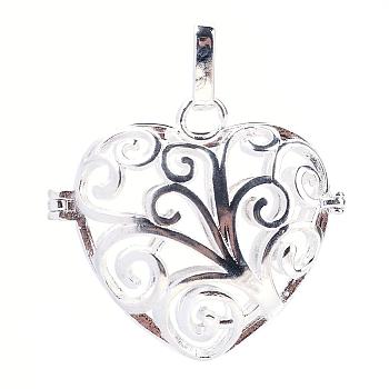 Rack Plating Brass Cage Pendants, For Chime Ball Pendant Necklaces Making, Hollow Heart, Silver Color Plated, 31x33x15.5mm, Hole: 3x7mm, inner measure: 22x26mm