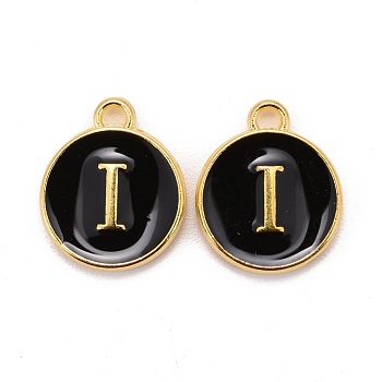 Golden Plated Alloy Charms, Cadmium Free & Lead Free, with Enamel, Enamelled Sequins, Flat Round with Letter, Black, Letter.I, 14x12x2mm, Hole: 1.5mm