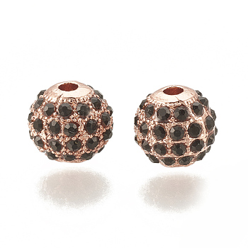 Alloy Bead, with Rhinestone, Round, Jet, Rose Gold, 8x8mm, Hole: 1.5mm