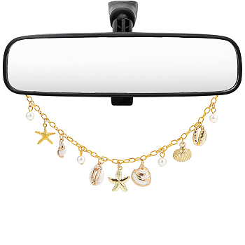 Aluminum Pendant Decorations, with Ocean Starfish Alloy & ABS Imitation Pearl & Shell Pendants, for Car Hanging Ornaments, Golden, 200mm