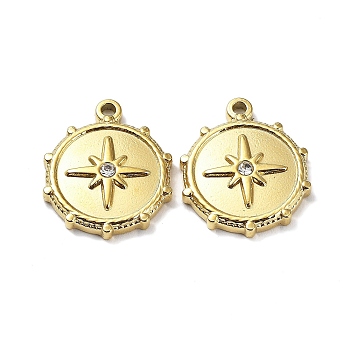 Ion Plating(IP) 304 Stainless Steel Charms, with Crystal Rhinestone, Flat Round with Star Charm, Real 18K Gold Plated, 19x16x3mm, Hole: 1.4mm