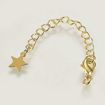 Long-Lasting Plated Brass Chain Extender, with Lobster Claw Clasps and Star Tips, Real 18K Gold Plated, 70x3mm, Hole: 2.5mm