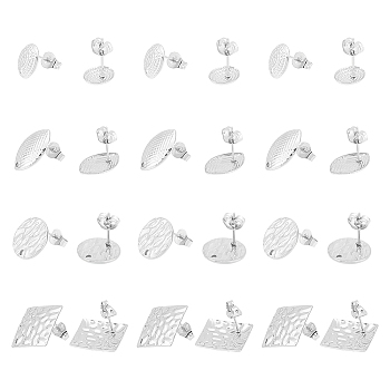 24Pcs 4 Style Round Oval Rhombus 304 Stainless Steel Stud Earring Findings, with Hole, Mixed Shapes, Stainless Steel Color, 10~20x7.5~20mm, Hole: 1.2~1.4mm, Pin: 0.7~0.8mm, 6pcs/style