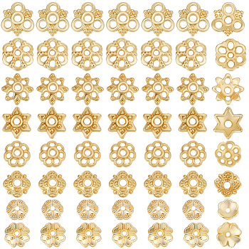 Brass & Alloy Flower Bead Caps, Mixed Shapes, Real 18K Gold Plated, 6~9.5x6~10x2~3mm, Hole: 1~1.8mm, 10pcs/style