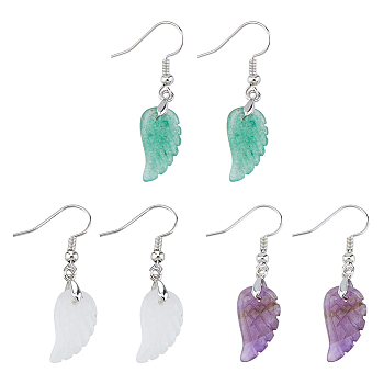 3 Pairs 3 Styles Natural Mixed Gemstone Wings Dangle Earrings with Brass Pins for Women, 18x10mm, 1 Pair/style