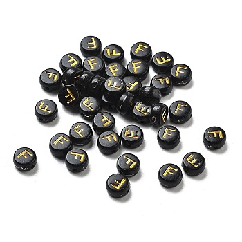 Plating Opaque Acrylic Beads, Golden Metal Enlaced, Flat Round with Letter, Letter F, 7x3.5mm, Hole: 1.2mm, about 3846pcs/500g