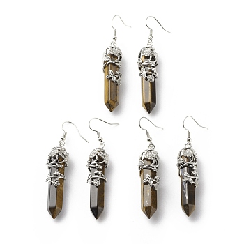 Natural Tiger Eye Bullet with Flower Dangle Earrings, Platinum Tone Brass Jewelry for Women, Cadmium Free & Lead Free, 62~63mm, Pin: 0.6mm