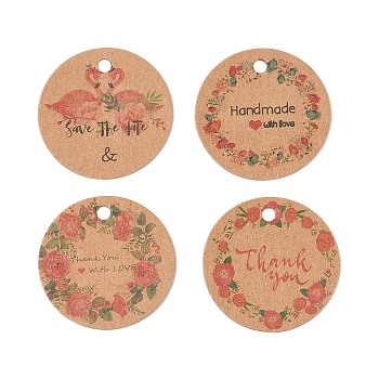 100Pcs Kraft Paper Flower Printed Gift Tags, Round, BurlyWood, 3x0.04cm