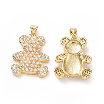 Brass Micro Pave Clear Cubic Zirconia Pendants, with Imitation Pearls, Bear Charms, Golden, 26x19.5x5mm, Hole: 3x4mm