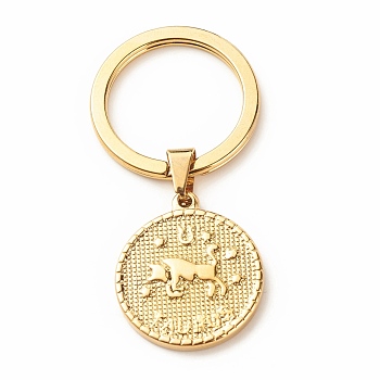 304 Stainless Steel Pendants Keychain, with 304 Stainless Steel Split Key Rings, Flat Round with Twelve Constellations, Taurus, 6.2cm