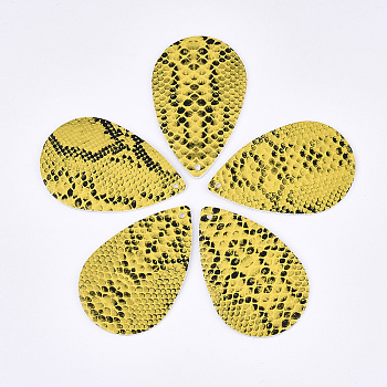 PU Leather Big Pendants, teardrop, with Snakeskin Pattern, Gold, 57.5x37x1.5mm, Hole: 2mm