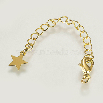 Long-Lasting Plated Brass Chain Extender, with Lobster Claw Clasps and Star Tips, Real 18K Gold Plated, 70x3mm, Hole: 2.5mm(X-KK-K210-11G)