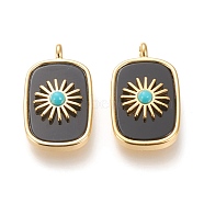 Natural Black Agate & Synthetic Turquoise Pendants, with Real 18K Gold Plated Brass Findings, Long-lasting Plated, Rectangle with Sun, 27x16.8x6mm, Hole: 3mm(KK-P184-01A-02G)