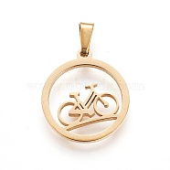 304 Stainless Steel Pendants, Ring with Bicycle, Golden, 19~20x16~17x1.5mm, Hole: 5x2.5mm(STAS-P234-14G)