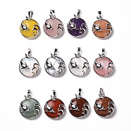 Natural & Synthetic Gemstone Pendants, with Platinum Tone Brass Findings, Cadmium Free & Lead Free, Flat Round with Dolphin, 26.5x23.5x9mm, Hole: 5x8mm(G-I321-11P)