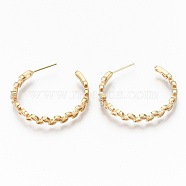 Brass Micro Pave Clear Cubic Zirconia Half Hoop Earrings, Stud Earring, Ring with Leaf, Nickel Free, Real 18K Gold Plated, 34x34x6mm, Pin: 0.7mm(KK-R117-049-NF)